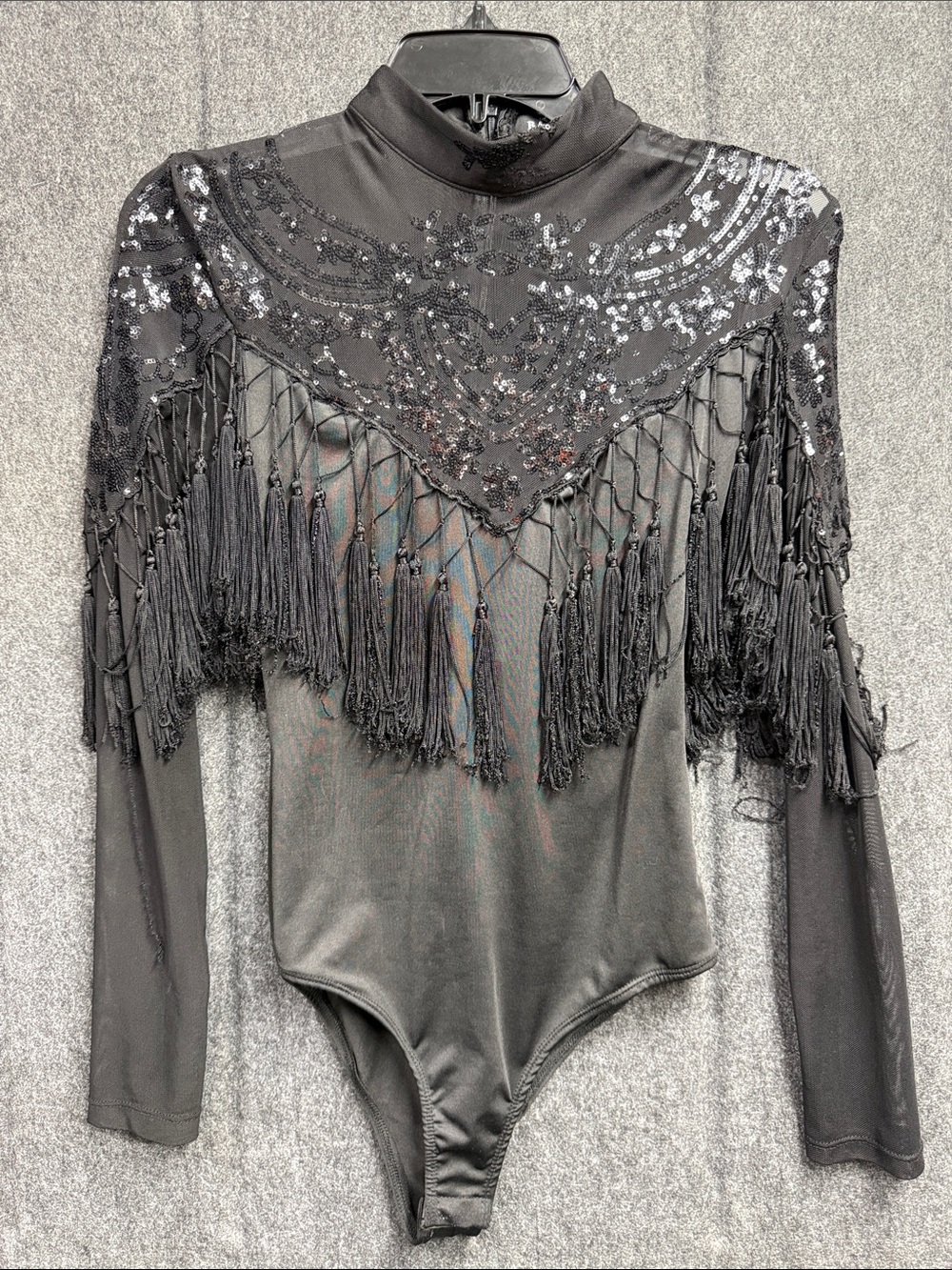 Banjul Black Sequin Fringe Long-Sleeve Bodysuit